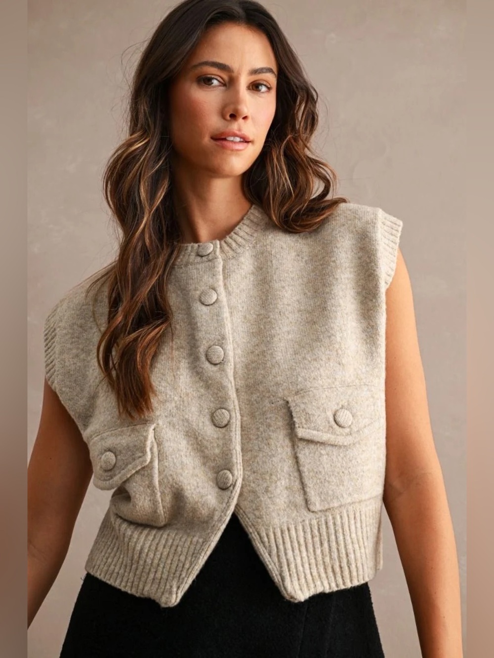 NWT Mable Sleeveless Textured Knit Sweater Vest Button Front Neutral Beige